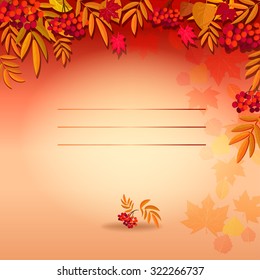 The Romantic autumn wedding invitation. On the background autumn leaves are visible. On the top of the frame can be seen branches of rowan berries.