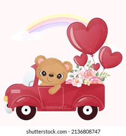 Romantic baby bear illustration in watercolor