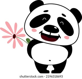 Romantic Baby Panda. Shy Animal With Cute Flower