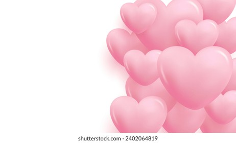 Romantic background with 3d pink glossy hearts for wedding invitations or Valentine's Day holiday greetings. Vector Illustration.