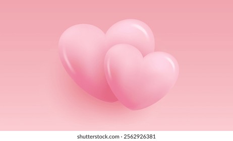 Romantic background with 3d pink glossy hearts for wedding invitations or Valentine's Day holiday greetings. Vector Illustration.