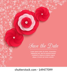 Romantic background with 3d red paper flowers 