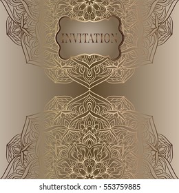 Romantic background with antique, luxury beige and gold vintage frame, victorian banner, lacy mandala wallpaper ornaments, invitation card, baroque style booklet, fashion pattern.