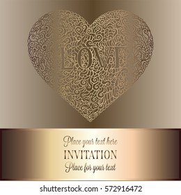 Romantic background with antique, luxury beige and gold vintage frame, victorian banner, heart made of doodle swirls wallpaper ornaments, invitation card, baroque style booklet with text love .