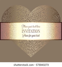 Romantic background with antique, luxury beige and gold vintage frame, victorian banner, heart made of doodle swirls wallpaper ornaments, invitation card, baroque style booklet