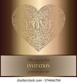 Romantic background with antique, luxury beige and gold vintage frame, victorian banner, heart made of doodle swirls wallpaper ornaments, invitation card, baroque style booklet with text love.