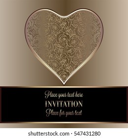 Romantic background with antique, luxury black and gold vintage frame, victorian banner, heart made of roses wallpaper ornaments, invitation card, baroque style booklet, fashion pattern