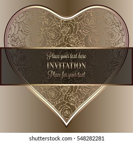 Romantic background with antique, luxury black and gold vintage frame, victorian banner, heart made of roses wallpaper ornaments, invitation card, baroque style booklet, fashion pattern