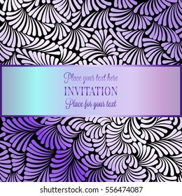 Romantic background with antique, luxury black and shiny lilac vintage frame, victorian banner, made of feathers wallpaper ornaments, invitation card, baroque style booklet,template for design.