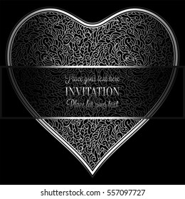 Romantic background with antique, luxury black and silver vintage frame, victorian banner, heart made of feathers wallpaper ornaments, invitation card, baroque style booklet, fashion pattern.