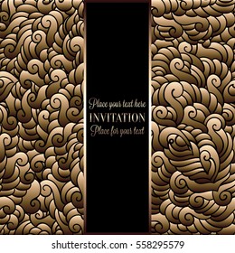 Romantic background with antique, luxury black, beige and gold vintage frame, victorian banner, made of feathers wallpaper ornaments, invitation card, baroque style booklet, fashion pattern.