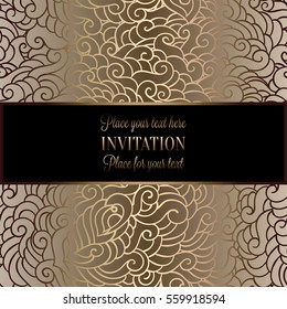 Romantic background with antique, luxury black, beige and gold vintage frame, victorian banner, made of feathers wallpaper ornaments, invitation card, baroque style booklet, fashion pattern.