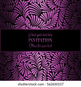 Romantic background with antique, luxury black, metal purple vintage card, victorian banner, made of doodle swirls wallpaper ornaments, invitation card, baroque style booklet with text.
