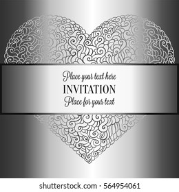 Romantic background with antique, luxury black and metal silver vintage card, victorian banner, heart made of doodle swirls wallpaper ornaments, invitation card, baroque style booklet with text love.