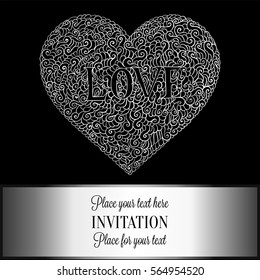 Romantic background with antique, luxury black and metal silver vintage card, victorian banner, heart made of doodle swirls wallpaper ornaments, invitation card, baroque style booklet with text love.