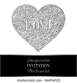 Romantic background with antique, luxury black and metal silver vintage card, victorian banner, heart made of doodle swirls wallpaper ornaments, invitation card, baroque style booklet with text love.