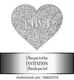 Romantic background with antique, luxury black and metal silver vintage card, victorian banner, heart made of doodle swirls wallpaper ornaments, invitation card, baroque style booklet with text love.