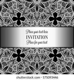 Romantic background with antique, luxury black, gray and metal silver vintage frame, victorian banner, intricate exquisite rococo wallpaper ornaments, invitation card, baroque style booklet, gothic.