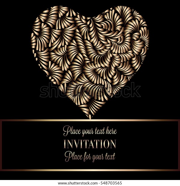 Romantic background with antique, luxury black\
and gold vintage frame, victorian banner, heart made of feathers\
wallpaper ornaments, invitation card, baroque style booklet,\
fashion pattern.