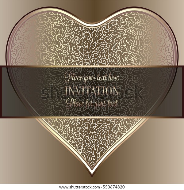 Romantic background with antique, luxury black\
and gold vintage frame, victorian banner, heart made of feathers\
wallpaper ornaments, invitation card, baroque style booklet,\
fashion pattern