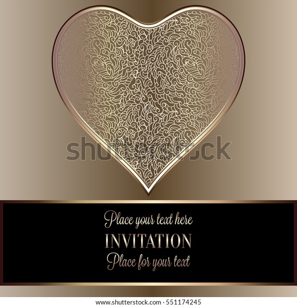 Romantic background with antique, luxury black\
and gold vintage frame, victorian banner, heart made of feathers\
wallpaper ornaments, invitation card, baroque style booklet,\
fashion pattern