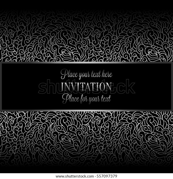 古い 高級な黒と銀の金属のビンテージフレームを持つロマンチックな背景 ビクトリア朝のバナー 羽の壁紙の装飾 招待状 バロックスタイルの冊子 ファッションパターン のベクター画像素材 ロイヤリティフリー