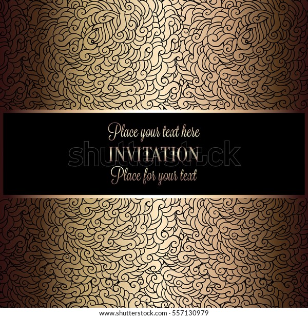 Romantic\
background with antique, luxury black and gold vintage frame,\
victorian banner, made of feathers wallpaper ornaments, invitation\
card, baroque style booklet, fashion\
pattern.