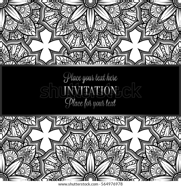 Romantic background with antique, luxury black,\
gray and metal silver vintage frame, victorian banner, intricate\
exquisite rococo wallpaper ornaments, invitation card, baroque\
style booklet,\
gothic.