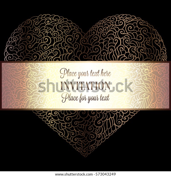 Romantic background with antique, luxury black,\
beige and gold vintage frame, victorian banner, heart made of\
feathers wallpaper ornaments, invitation card, baroque style\
booklet, fashion\
pattern.