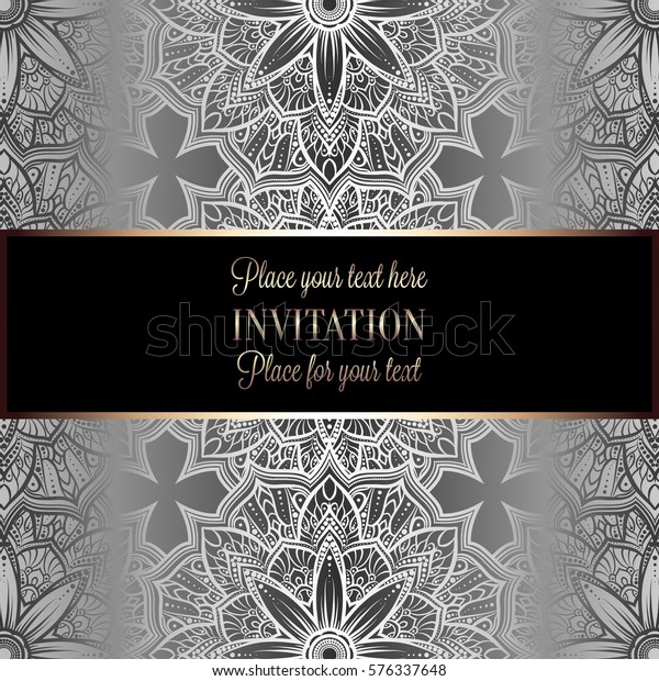 Romantic background with antique, luxury black,\
gray and metal silver vintage frame, victorian banner, intricate\
exquisite rococo wallpaper ornaments, invitation card, baroque\
style booklet,\
gothic.