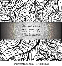 Romantic background with antique, luxury gray, black and metal silver vintage frame, victorian banner, intricate exquisite rococo wallpaper ornaments, invitation card, baroque style booklet, gothic.