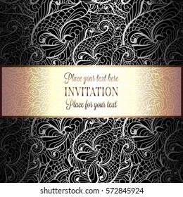 Romantic background with antique, luxury gray, black and metal silver vintage frame, victorian banner, intricate exquisite rococo wallpaper ornaments, invitation card, baroque style booklet, gothic.
