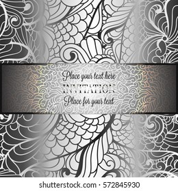 Romantic background with antique, luxury gray, black and metal silver vintage frame, victorian banner, intricate exquisite rococo wallpaper ornaments, invitation card, baroque style booklet, gothic.