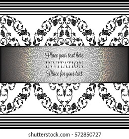 Romantic background with antique, luxury gray, black and metal silver vintage frame, victorian banner, intricate exquisite rococo wallpaper ornaments, invitation card, baroque style booklet, gothic.