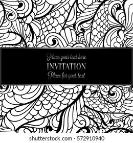 Romantic background with antique, luxury gray, black and metal silver vintage frame, victorian banner, intricate exquisite rococo wallpaper ornaments, invitation card, baroque style booklet, gothic.