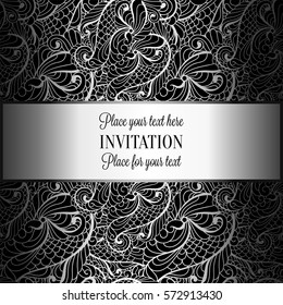 Romantic background with antique, luxury gray, black and metal silver vintage frame, victorian banner, intricate exquisite rococo wallpaper ornaments, invitation card, baroque style booklet, gothic.