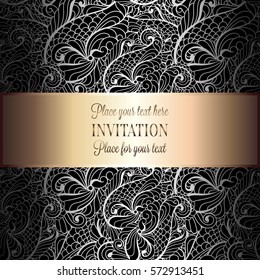 Romantic background with antique, luxury gray, black and metal silver vintage frame, victorian banner, intricate exquisite rococo wallpaper ornaments, invitation card, baroque style booklet, gothic.