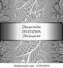 Romantic background with antique, luxury gray, black and metal silver vintage frame, victorian banner, intricate exquisite rococo wallpaper ornaments, invitation card, baroque style booklet, gothic.