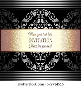 Romantic background with antique, luxury gray, black and metal silver vintage frame, victorian banner, intricate exquisite rococo wallpaper ornaments, invitation card, baroque style booklet, gothic.
