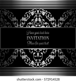 Romantic background with antique, luxury gray, black and metal silver vintage frame, victorian banner, intricate exquisite rococo wallpaper ornaments, invitation card, baroque style booklet, gothic.