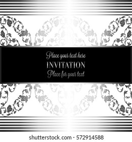 Romantic background with antique, luxury gray, black and metal silver vintage frame, victorian banner, intricate exquisite rococo wallpaper ornaments, invitation card, baroque style booklet, gothic.