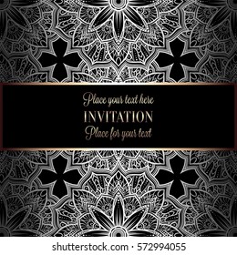 Romantic background with antique, luxury gray, metal silver and shiny gold vintage frame, victorian banner, intricate exquisite rococo wallpaper ornaments, invitation card, baroque style booklet