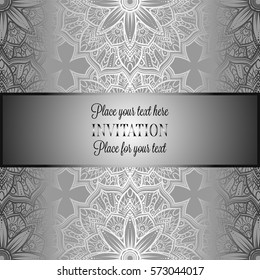 Romantic background with antique, luxury gray and metal silver vintage frame, victorian banner, intricate exquisite rococo wallpaper ornaments, invitation card, baroque style booklet, gothic.