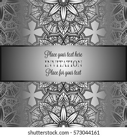 Romantic background with antique, luxury gray and metal silver vintage frame, victorian banner, intricate exquisite rococo wallpaper ornaments, invitation card, baroque style booklet, gothic.