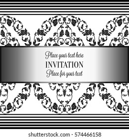 Romantic background with antique, luxury gray, black and metal silver vintage frame, victorian banner, intricate exquisite rococo wallpaper ornaments, invitation card, baroque style booklet, gothic.