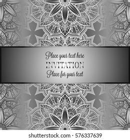 Romantic background with antique, luxury gray and metal silver vintage frame, victorian banner, intricate exquisite rococo wallpaper ornaments, invitation card, baroque style booklet, gothic.