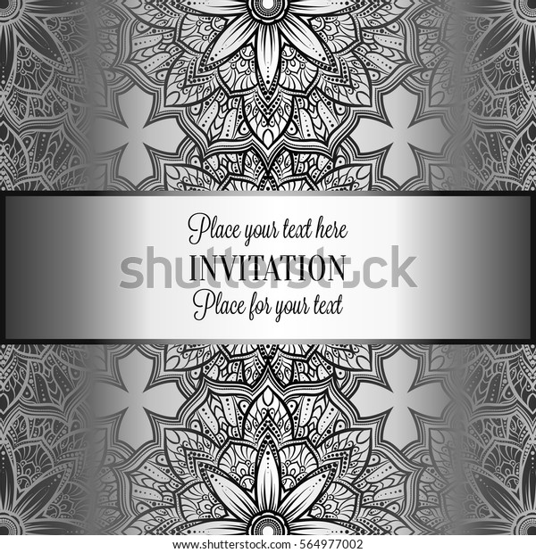 Romantic background with antique, luxury gray and\
metal silver vintage frame, victorian banner, intricate exquisite\
rococo wallpaper ornaments, invitation card, baroque style booklet,\
gothic.