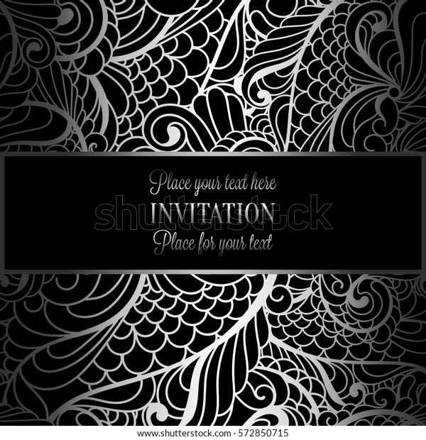 Romantic background with antique, luxury gray,
black and metal silver vintage frame, victorian banner, intricate
exquisite rococo wallpaper ornaments, invitation card, baroque
style booklet,
gothic.