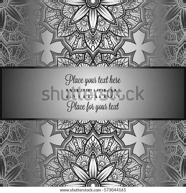 Romantic background with antique, luxury gray and\
metal silver vintage frame, victorian banner, intricate exquisite\
rococo wallpaper ornaments, invitation card, baroque style booklet,\
gothic.