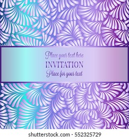 Romantic background with antique, luxury mint green, purple and pink pastel tones vintage frame, victorian banner, made of feathers wallpaper ornaments, invitation card, baroque style booklet